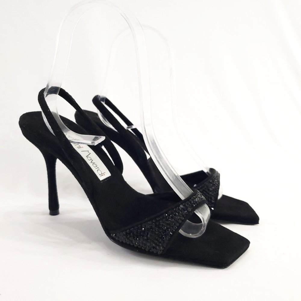 Santini Mavardi Kimberly Slingback Sandals 36 / 6 Black Suede Sparkly Formal
